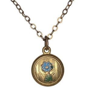 Gold Tone Enamel Flower Pendant Necklace Round Charm Dainty Chain